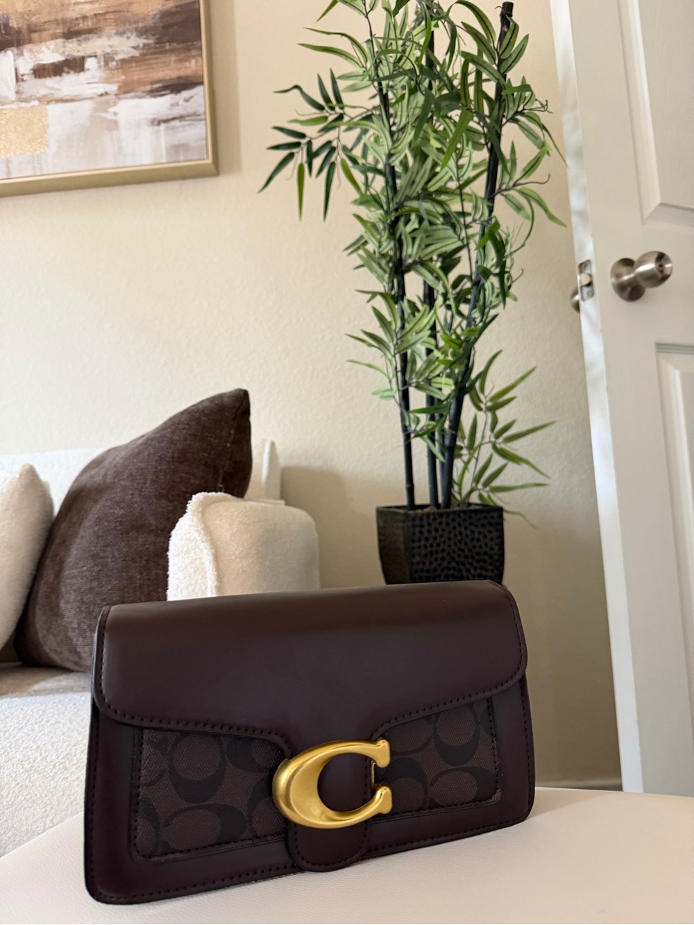 C Chocolate Brown Signature Leather Shoulder Bag with Gold C